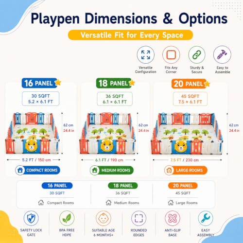 Image of Hukimoyo Large Baby Playpen 20 Panels /45 Sq Ft Play Area Indoor Setup with Mat ,balls | Play Yard for Babies 0-3 Years with Padded Boundary |Indoor Outdoor Toddler , infant fence Activity Center with Safety Door Lock & Suction Cups (6 * 7.5 FT)