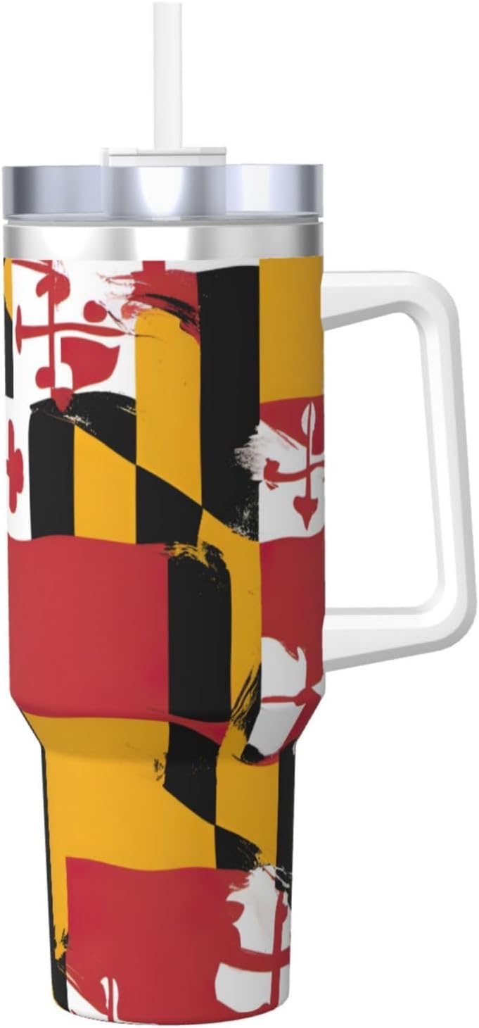 40 OZ maryland flag Print Ice Bully Cup with Handle Straw Lid Straw,Stainless Steel Tumbler Coffee Cup