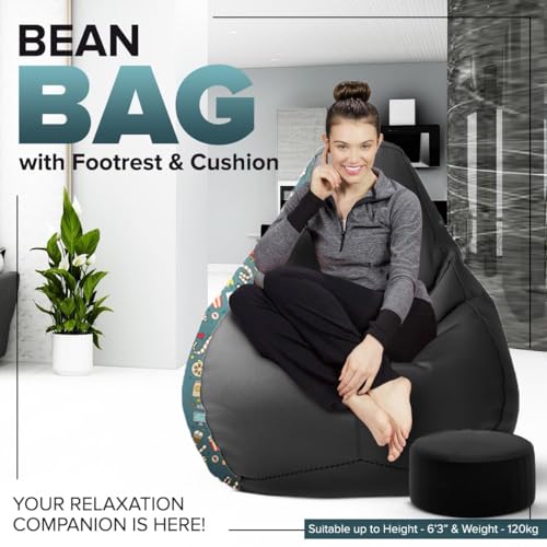 Image of Amazon Brand - Solimo 5XL Premium Faux Leather Bean Bag Combo with Footrest & Cushion, Filled with Beans | Capacity: Upto 6 Ft 7 in Height, 130 KG Weight | Cinema Love | Black