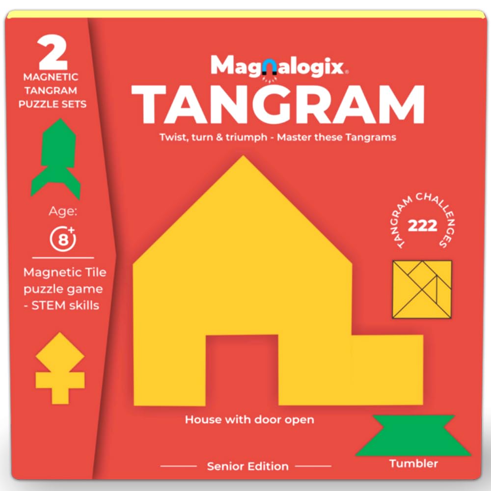 PELIKAS TOYZ Magnalogix Magnetic Tangram Puzzles for Kids Ages 8-12 & Adults - Brain Teaser Travel Game, Educational STEM Toy for Boys Girls 8 10 12 Year Olds & Seniors, Logic Mind Booster Gift Set