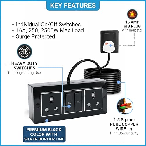 Image of 16 Amp Extension Cord - Heavy Duty 1.5 Sq.MM 3 Meter Wire (2200W), 16A Extension Board, Dual 16A /20A Multi Plug Socket with Two Switches(2200W), Ideal for Home Office Use, Board & Switches