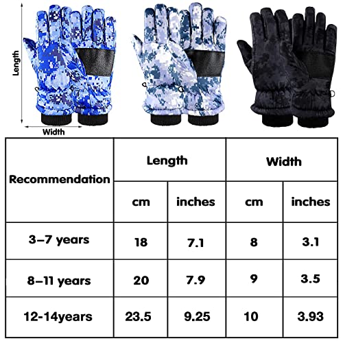 Hicarer 3 Pairs Kids Winter Gloves Waterproof Snow Ski Gloves Windproof Warm Unisex Ski Gloves Thermal Snow Mitten For Cold Weather Girls Boys (Camo Style, 12-14 Years) #TOP2