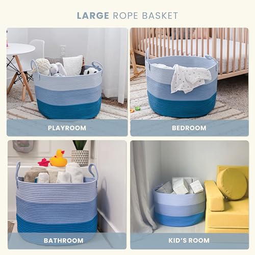 Image of OrganiHaus Round Toy Basket & Blanket Basket, Cotton Rope 20x13 inch | 3-Toned Blue - Round Cotton Rope Basket, 20x13 inch