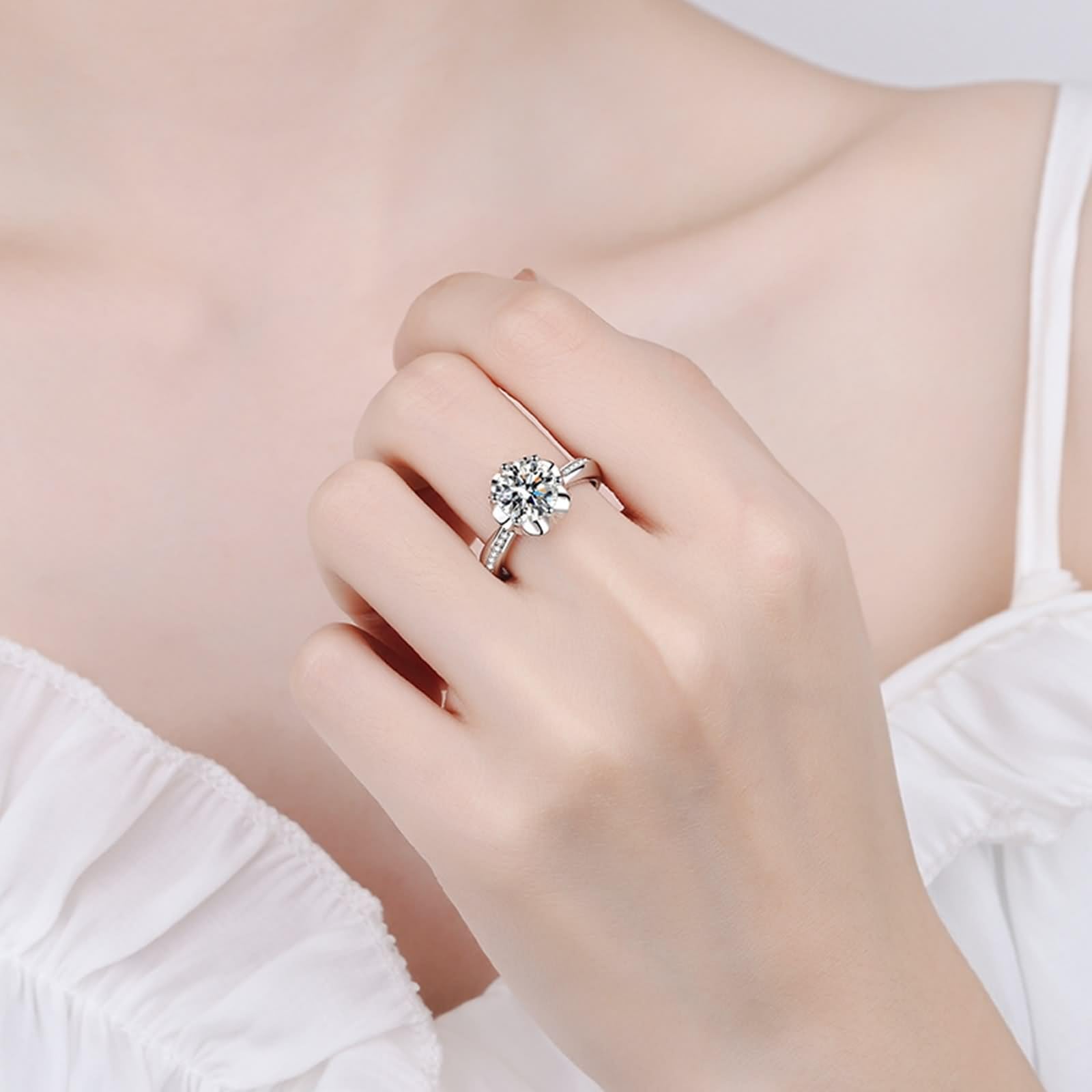 Anelli per partner unisex, stile vintage, fiore bianco con moissanite, in argento 925, idea regalo migliore amica, 18 (18,5), Argento, Moissanite