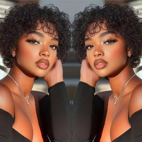 Pixie   Pelucas cortas para mujeres negras, pelo humano con flequillo 100%, peluca rizada afro, pelo humano corto, en capas, sin encaje ni pegamento, peluca frontal de color negro natural