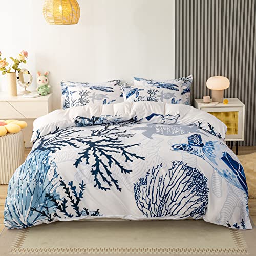 Bupird Sea Turtle Duvet Cover, 100% Microfiber 3Pcs Queen 3D Coastal Bedding Set For Boys Girls, White Blue Turtle Ocean Turtle Pattern Print Duvet Cover, 1 Duvet Cover 2 Pillowcases (Queen, Turtle) #TOP1