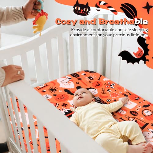 Image of JISEN Halloween Fitted Crib Sheets for Boys Girls 52x28 Inch Pumpkin Ghosts