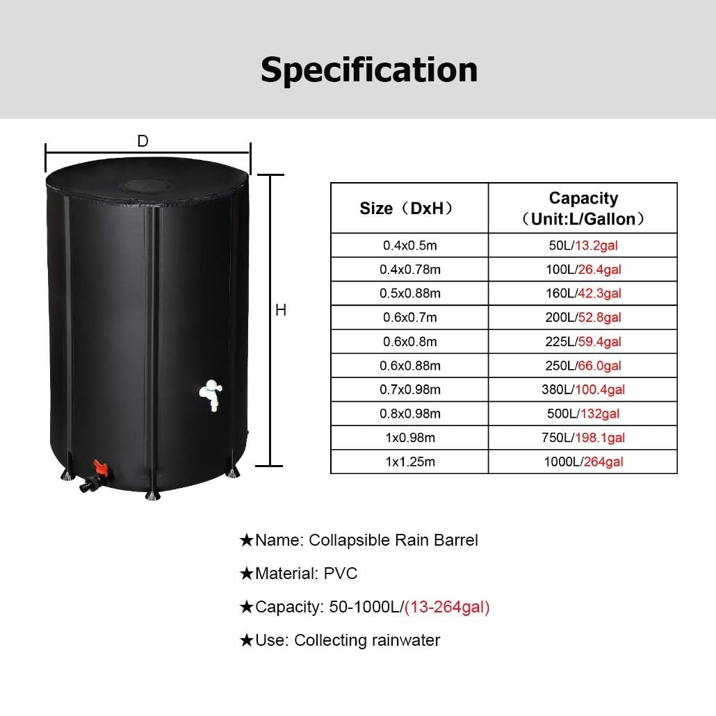 Barriles de Lluvia Plegables de 13 a 264 galones for recolectar Agua de Lluvia de canaletas, Sistema de recolección de Agua de Lluvia, contenedor colector(Black,1x1.25m/1000L/264gal)