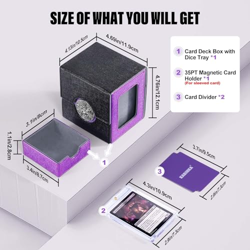 Image of Kabinka Commander Deck Box for MTG with Dice Tray, Card Deck Box with Metal Emblem, Hold 100 Double-Sleeved Cards for TCG /PTCG, Cards Storage Case with 35PT Magnetic Card Holder (Black& Purple, Lotus)