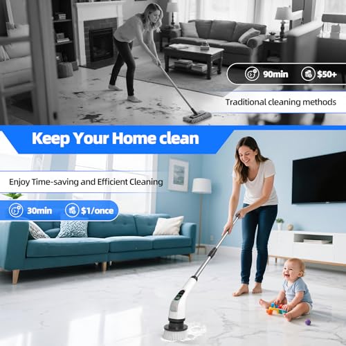 Image of Electric Spin Scrubber,Large Battery & Long Runtime Power Spin Cleaner with 7 Replaceable Brush Heads,IPX7 Waterproof & Adjustable Extension Long Handle,2 Speeds for Bathroom, Shower, Tile, Floor
