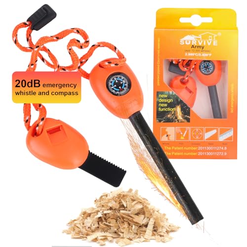 Flint and Steel Fire Starter Kit, 5-in-1 Multifuctional Fire Steel with Compass, Ruler Saws and whistle Fire Striker Magnesium Rod Emergency Survival Tool for Travelling Camping Hiking 12,000 Strikes