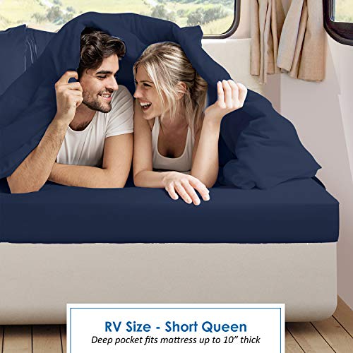 Image of Nestl Navy Blue Short Queen Sheets for RV, Hotel Luxury RV Queen Sheets Set, 6 Piece Fitted Bed Sheet Set and Pillowcases, Super Soft, Wrinkle-Free, and Breathable Camper Bedding