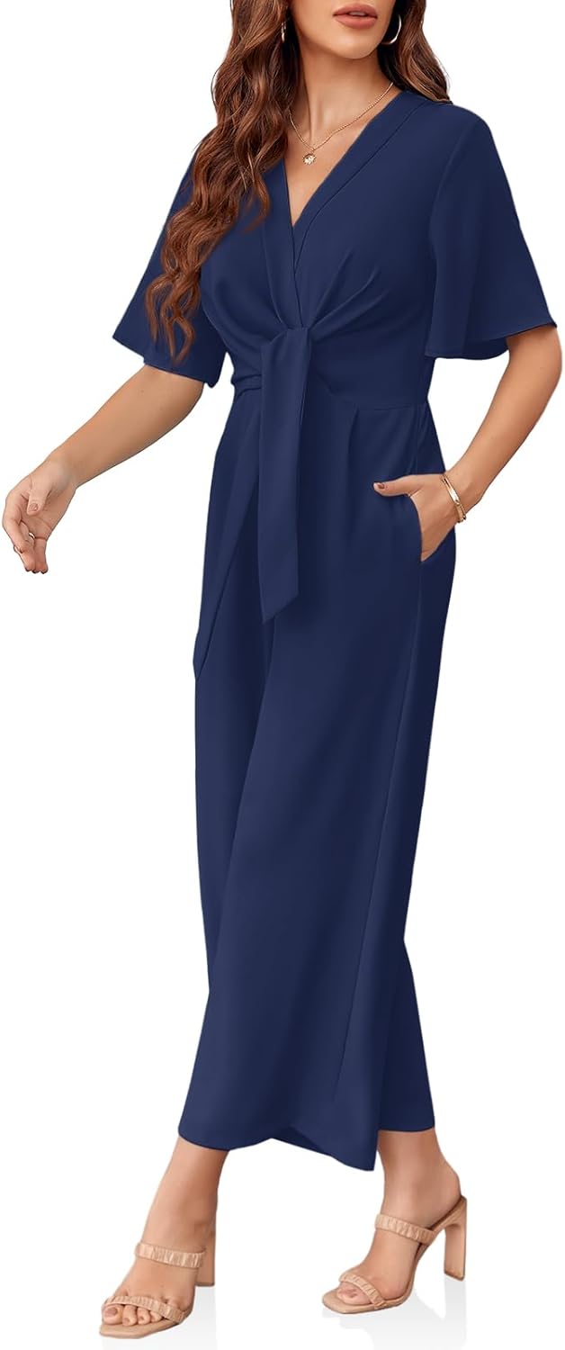 Cicy Bell Women's Elegant V Neck Jumpsuits Dressy Casual Short Sleeve Wide Leg Long Pants Rompers - Image 4