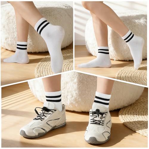 Image of Womens Crew Socks Striped Trim Casual Crew Socks Mid Calf Ankle Sock Vintage Retro Gym Running 6 /8 Pack