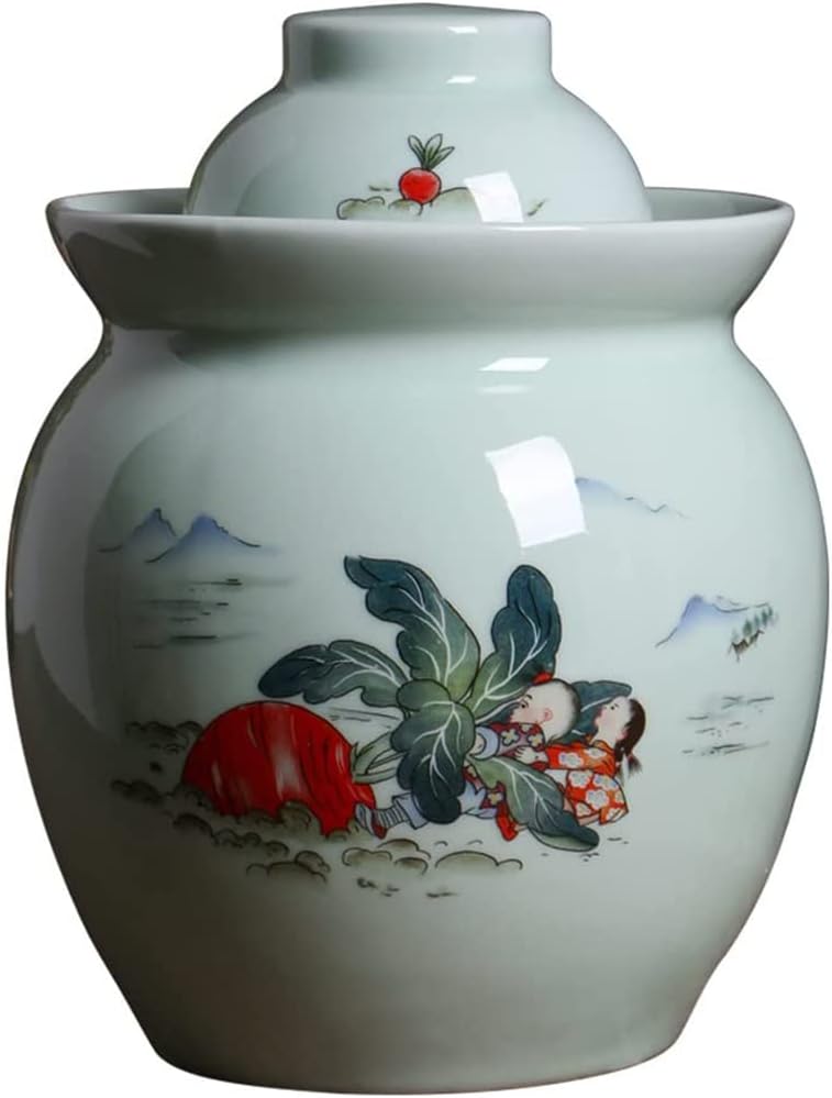 Traditional Chinese Porcelain Pickle Jar, Jingdezhen Ceramic Fermentation Crock Pickling Pot,Fermenting Jar with Water Seal Airlock Lid Stoneware Fermenter for Kimch L