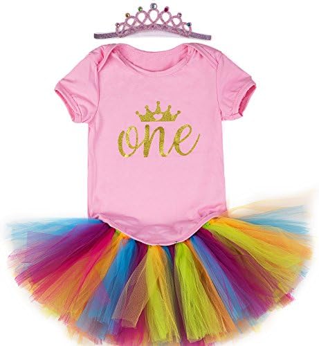 WINMI Baby Girls 1st Birthday Outfit Dress Skirt Rainbow Tutu Onesie Headband 3 PCS (XL, Long Sleeve Pink)