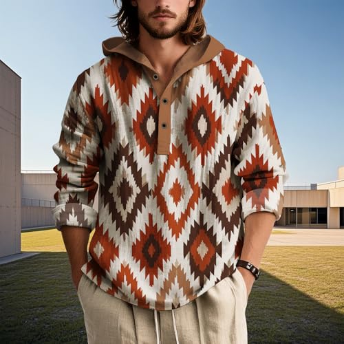 Men's Vintage Western Lightweight Hoodies Aztec Tribal Oversized Long Sleeve 3 Button Hooded Shirt Tops for Spring Fall2