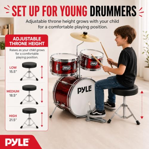 Image of Pyle Kids Drum Set, 3 Piece Beginner Junior Drummer Kit with 13 inch Bass Drum, Snare, Tom, Cymbal, Adjustable Throne, Mutes, Drumsticks, Red