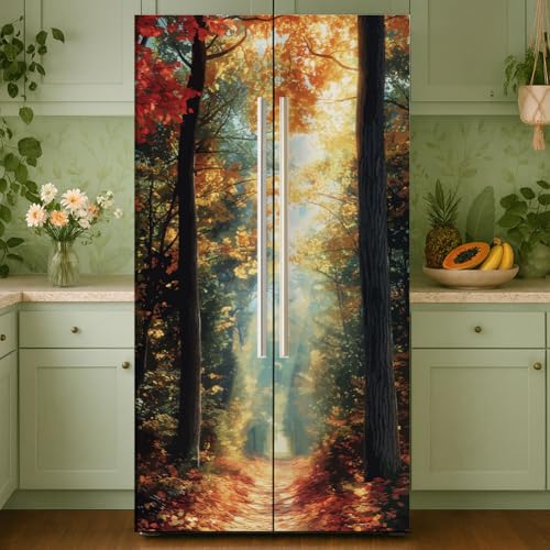 GOMAKERER 2 Pcs Autumn Forest Door Refrigerator Wraps Self-Adhesive Refrigerator Wrap Set Removable Fridge Sticker Fridges Panel Cover Sticker for Kitchen Bar Decor 16.34 x 78.74 Inch