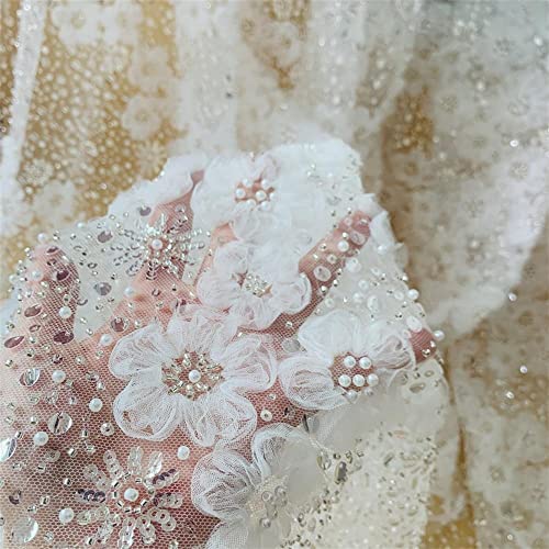 Leide 51" Witdh 3D Appliqued Flowers Beads Sequins Lace Fabric Embroidered Fabrics Lace Ribbon Trims For Sewing Wedding Dress Bridal Veil Diy Home Decoration (1 Yard) #TOP2