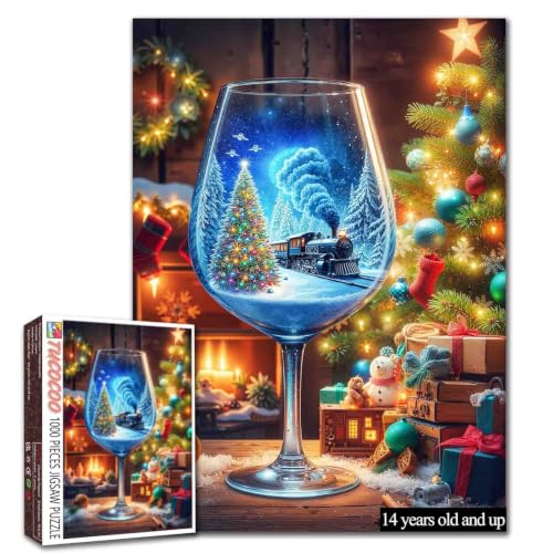 Jigsaw Puzzles 1000 Pieces for Adults-Christmas Scene Hardboard Puzzle-Challenging Puzzle Perfect for Game Nights-DIY Home Wall Decor-Snowflakes -Christmas Train Wine Glasses Art Puzzle 27" x 20"