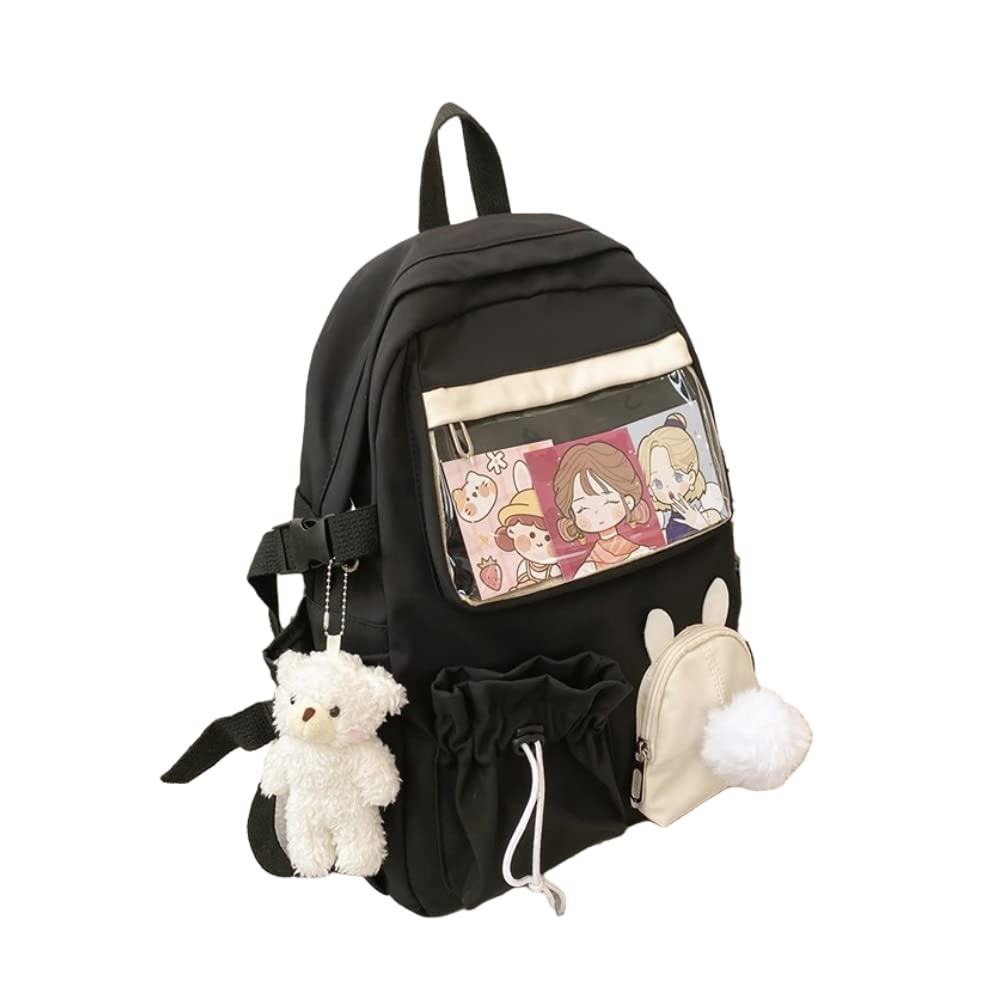 Kawaii Japanese Korean harajuku backpack bear pendant decoration teenage school gift for birthday Christmas (black)