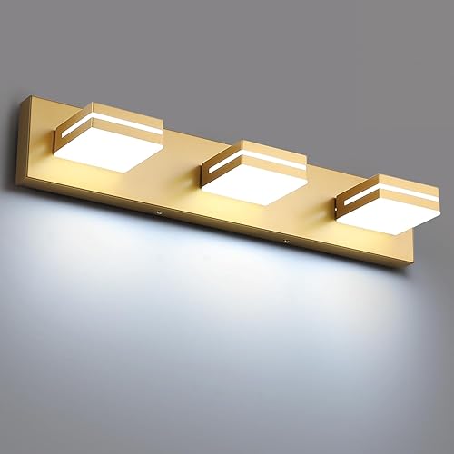 SineRise Lámparas LED modernas para tocador de baño (3 luces, 24 pulgadas), accesorios de iluminación de pared de acrílico moderno dorado mate sobre