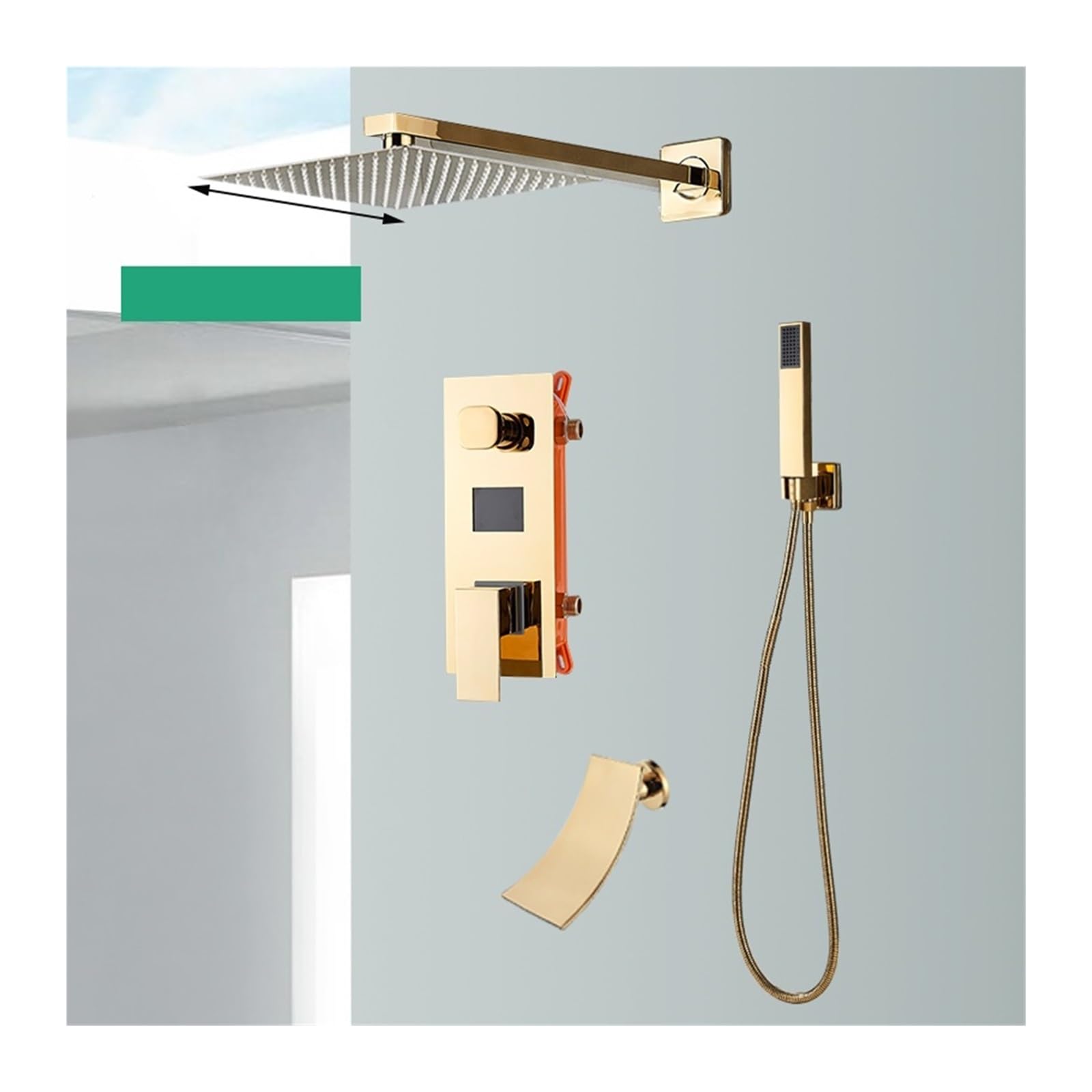 Soywim 3-Ways 16 Inch C Shower System, Gold Shower Faucet Digital Display,Rainfall Bathroom System,Wall Mounted Concealed Box Mixer Tap With Tub Spout(3-Ways 16 Inch C)