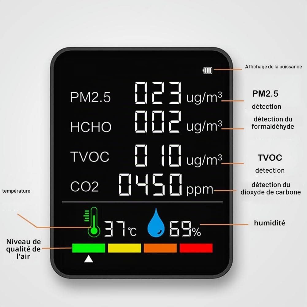 Moniteur de qualité de l'air intérieur 6 en 1, testeur de CO2, Moniteur de dioxyde de Carbone PM2,5, testeur de CO2 PM10, TVOC, HCHO, et CO pour la Maison