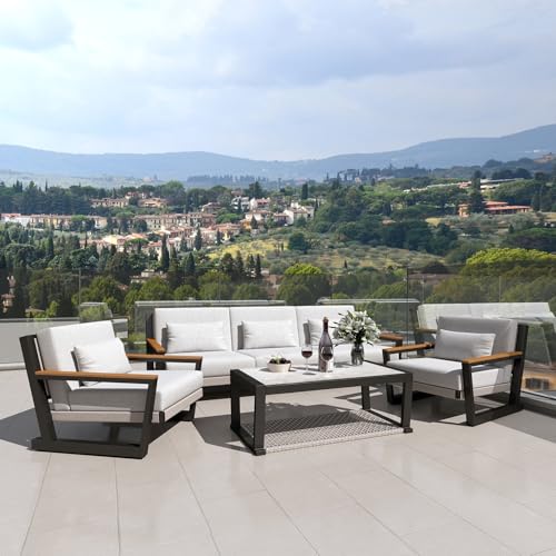 Aug-guan Aluminum Outdoor Patio Furniture Set 5 Seat, Patio Conversation Set with Durable Mesh Rope Weaving, Wide Armrests and Seats, Metal Sofa Set for Patio Grey