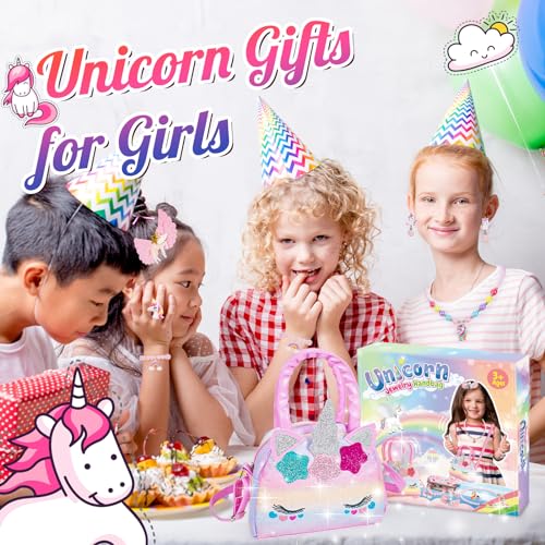Hapikids Einhorn Geschenke für Mädchen, Geschenk Mädchen 2 3 4 5 6 Jahre Geburtstagsgeschenk für Mädchen Spielzeug 2-6 Jahre Einhorn Kinderschmuck Handtasche Halskette Armband Ring Ohrring Schmuckset
