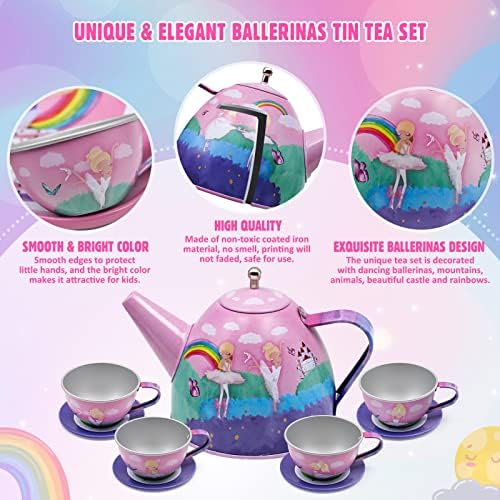 44PCS Tea Party Set for Children, Pretend Play Ballerina Princess Toy Tea Set - Teapot Set Desserts w/ Carrying Case, Invitation Card Birthday Gift Toys for 3 4 5 6 7 8 Years Old Girls Kids Toddlers