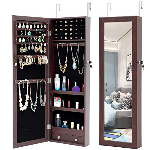 Fashion Simple Jewelry Storage Mirror Cabinet Can Be Hung On The Door Or Wall (Brown, D)