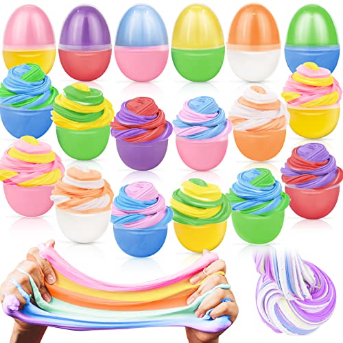 AMENON 18 Pcs Easter Basket Stuffers Easter Butter Slime Eggs Dual Colors Slime Kit Fluffy Putty Stretchy Non-Sticky Stress Relief Squishy Toy Easter Egg Fillers Easter Party Favor Gifts for Kids