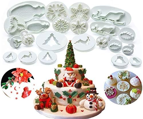 22 PCS Christmas Cookie Cutter Set Molds, Christmas Fondant Embossing Tools Plunger Cookie Cutter Sugarcraft Tree/Leaves/Sled/Snowman/Jingling Bell/Deer for Cupcake Cake Topper Decorating Snowflake