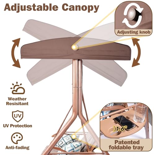Image of ZZW 3 Person Patio Swing Outdoor Swing for Adults with Adjustable Canopy &Upgraded Cup Holders Textilene Fabric Porch Swing Chair with Stand Heavy Duty 800 LBS