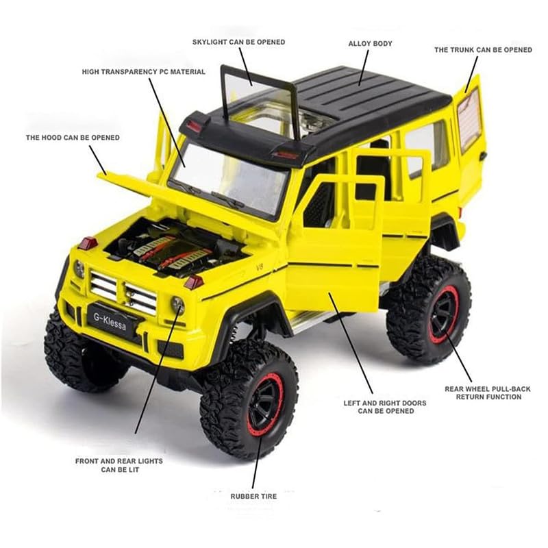 Image of New 1:32 AMG 4X4 Diecast Alloy Metal Pull Back Car with Openable Doors Music Sound and Light Vehicle Toy Car for Kids Boys (Yellow)