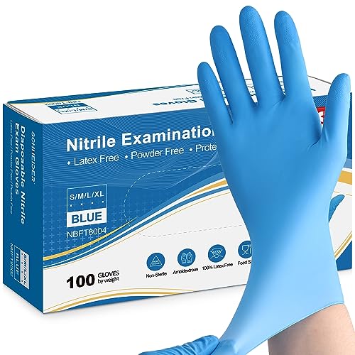 Schneider Nitrile Exam Gloves, 5 mil, Large, Box of 100, Heavy Duty Disposable Gloves, Textured, Latex Free, Food Safe, Industrial Gloves for Medical, Cleaning, Cooking, Blue