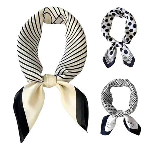 CODCOS 3 Pack 27.5 Inch Silk Feeling Scarf for Women Square Satin Head Scarf Hair Wrap Bandana Set White Black