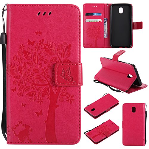 Preisvergleich Produktbild Samsung Galaxy J5 2017 / J530 Lederhülle, Docrax Handy Hülle Leder Klappbar Brieftasche Schutzhülle mit Kartenfach Magnetisch Stoßfest Handyhülle Flip Case für Samsung Galaxy J5 (2017) - DOKTU41215 Rosa Rot