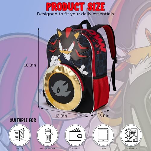 Image of AI ACCESSORY INNOVATIONS Sonic The Hedgehog Backpack for Boys & Girls, Shadow 16 Inch Schoolbag with Die-cut Metallic Gold Ring Pocket, Black