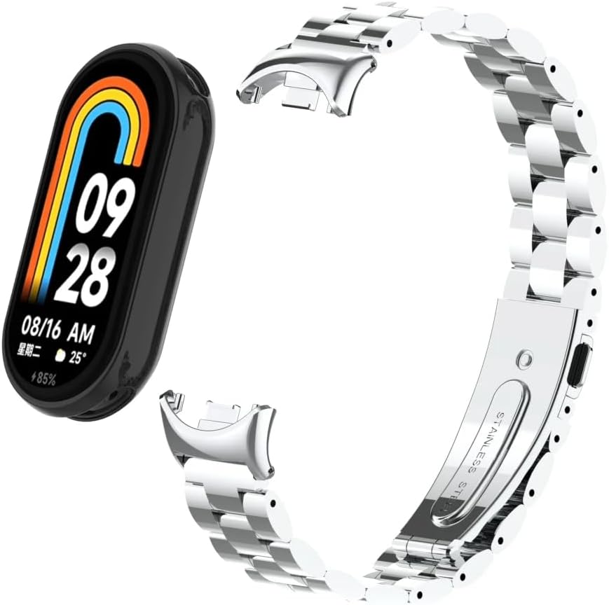 O Ozone Metal Watch Strap Compatible with Xiaomi Mi Band 8 / Xiaomi Smart Band 8, 3 beads Stainless Steel Adjustable Smartwatch Replacement Bracelet Wristbands for Men Women