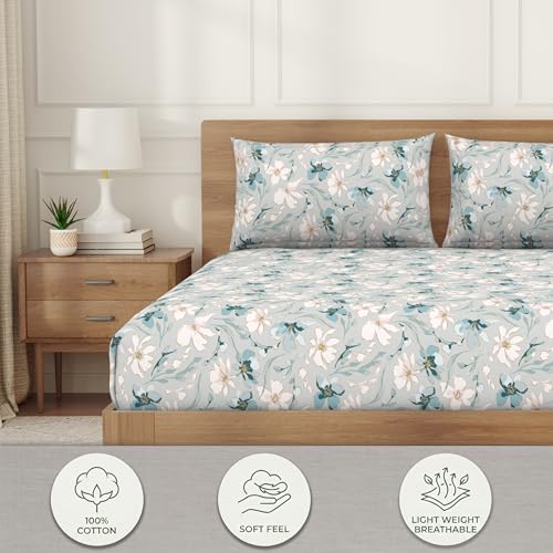Image of Welspun Enzo 100% Cotton 144 TC Percale Floral King Fitted Sheet with 2 Pillow Covers | Easy Care, Breathable, Soft & Lightweight - 183 x 198 + 30 Cm - Light Grey