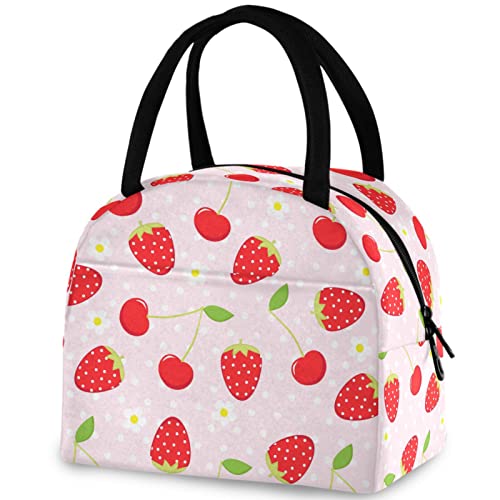 ZzWwR Bolsa de almuerzo reutilizable con diseño de flores de cerezo y fresas rosadas, bolsa térmica para el regreso a clases, trabajo, picnic, viajes, pesca, playa