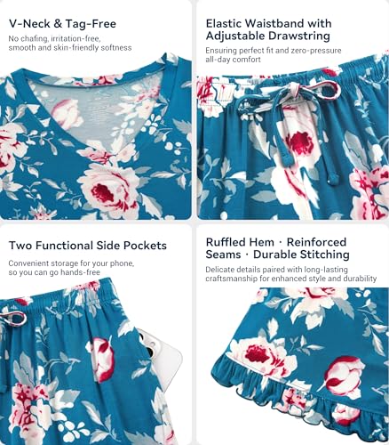 Image of WiWi Womens Pajamas Set Bamboo Viscose Super Soft Short Sleeve Top Ruffle Shorts Sleepwear Cooling Pj Sets S-XXL