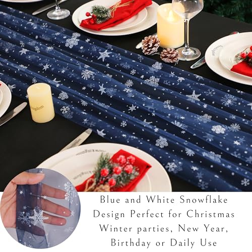 Snowkingdom Christmas Table Runner Navy Blue Snowflake Cheesecloth Sheer Chiffon Gauze Table Runner 120 Inch Seasonal Winter Holiday Kitchen Dining Decorations for New Year Home Party Decor