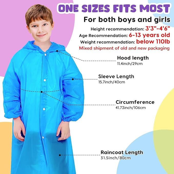 Image of BFONS 2-3 Pack Rain Ponchos for Kids, Reusable Raincoats for Boys Girls with Hood and Sleeves, Waterproof Rain Jackets
