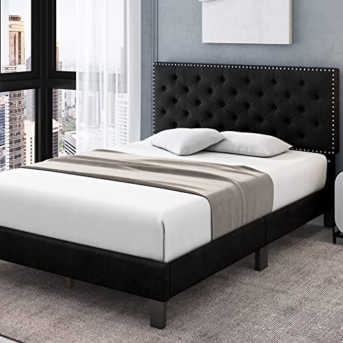 Hostack Queen Size Bed Frame, Modern Upholstered Platform Bed With Adjustable Headboard, Heavy Duty Button Tufted Bed Frame With Wood Slat Support, Easy Assembly, No Box Spring Needed(Black, Queen) #TOP2
