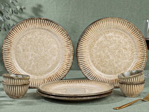 Image of Bodhi House Premium 8-Piece Stoneware Dinner Set Serving for 4 - Handcrafted Ceramic Plates, Bowls & Serving Bowls | Microwave & Dishwasher Safe | Elegant Modern Tableware Crockery Rustic Sand Beige