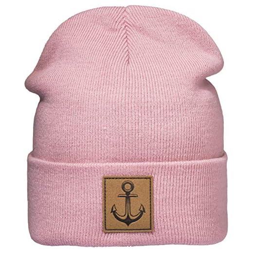 Stickad mössa: Ankare med läderlapp – ullmössa vintermössa – sjöman – lång beanie män kvinnor pojkar flickor – sportfiskare kapten mössa – svart – hipster streetwear urban – present, ROSA, En Storlek